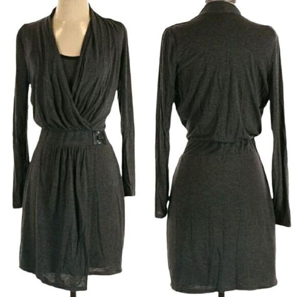 WHBM Dress Edgy Wrap Asymmetrical Hem Knit Long Sleeve Ruffle Gray Sz 00P - Picture 2 of 10